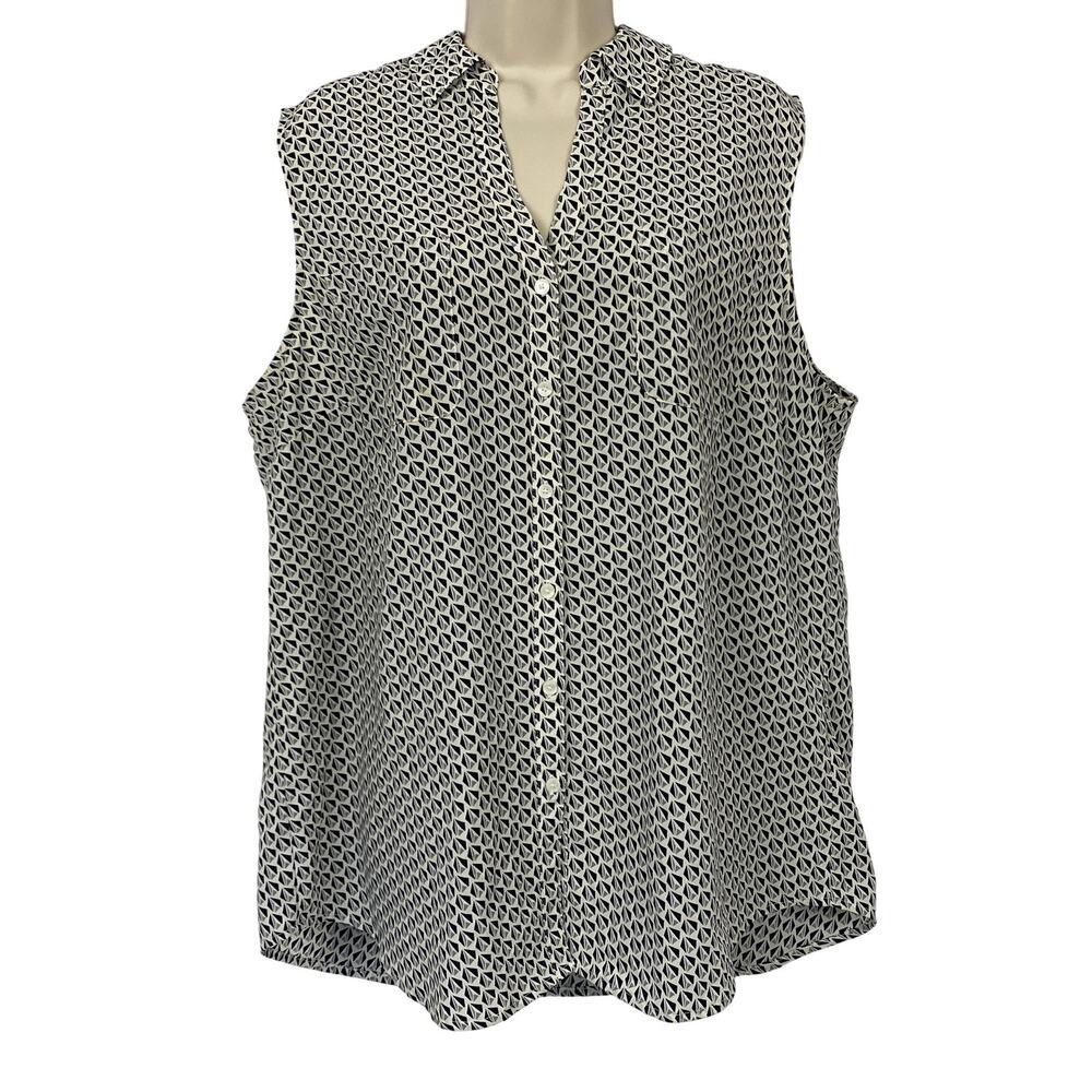 Talbots Nantucket Top Womens XL Black Geometric Button Up‎ Sleeveless Nautical